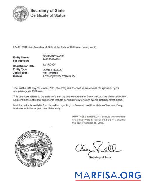 Realistic USA California certificate of good standing Word and PDF template, version 2